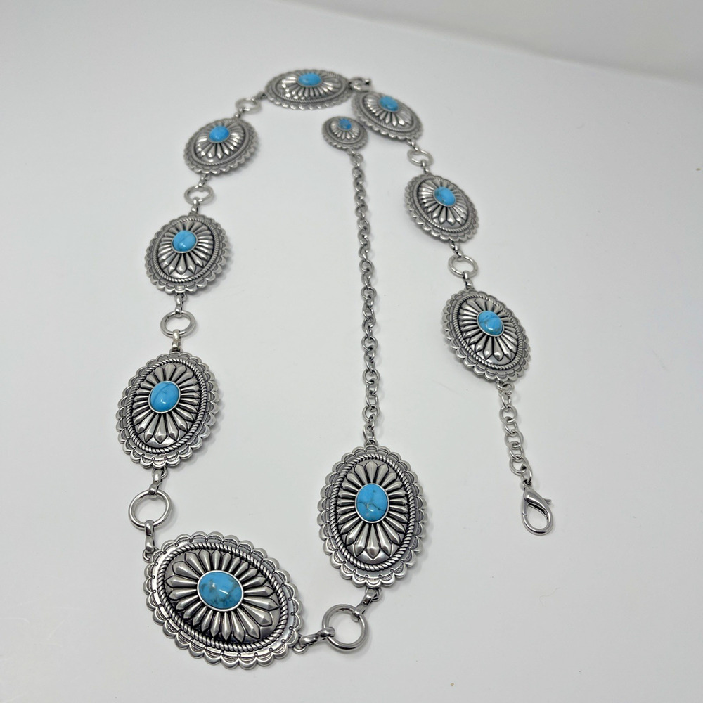 Ariat Womens Oval Concho Silver Chain Link Belt With Turquoise Stone Accents XL